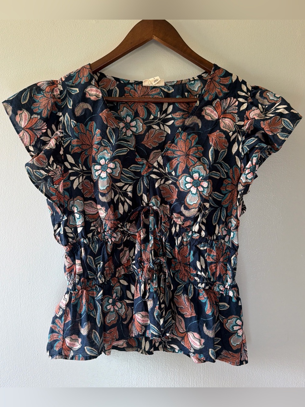a.n.a Navy Floral V-Neck Peplum Top